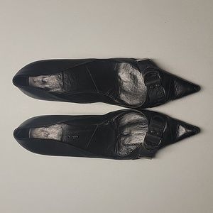 Dior Vintage 90s Black Kitten Heels with Logo Ribbon & Silver Buckle Size 9.5